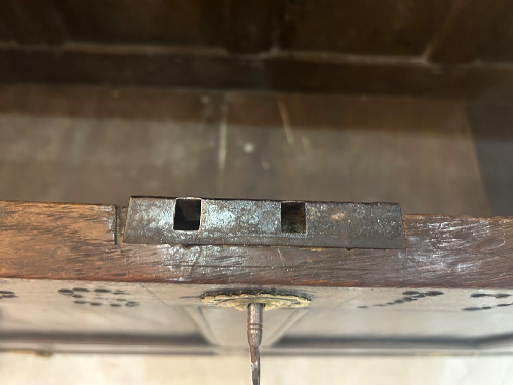 An 18th-century dark oak mule chest featuring a four-panel front, two base drawers with brass handles, and a hinged lid. View XV