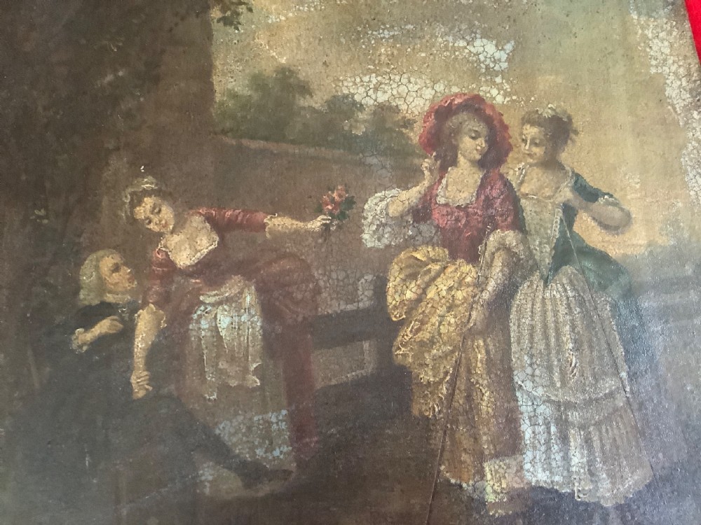 An 18th-century oil painting on a rectangular copper panel depicting figures dressed in period clothing set outdoors. View III