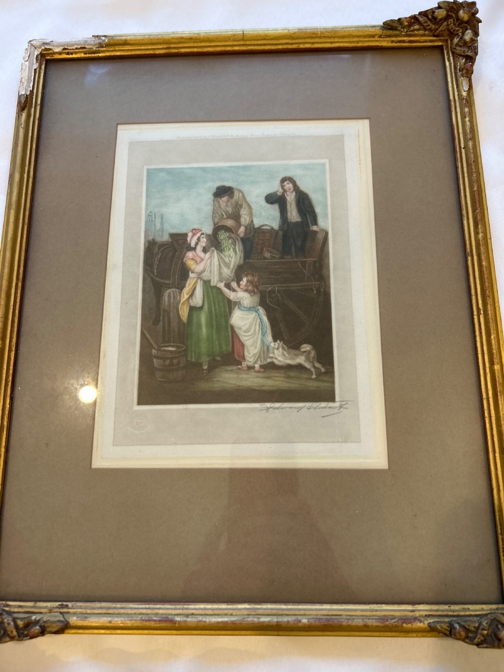A set of seven framed antique mezzotint prints depicting classical figurative scenes, housed in ornamental gold leaf gilt frames with wide matting. View II