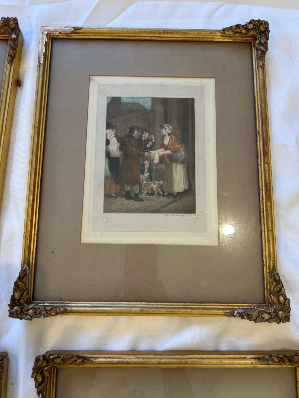 A set of seven framed antique mezzotint prints depicting classical figurative scenes, housed in ornamental gold leaf gilt frames with wide matting. View VI