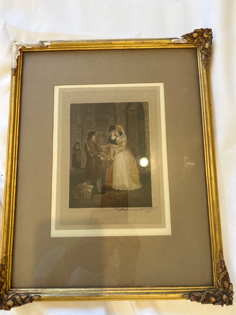 A set of seven framed antique mezzotint prints depicting classical figurative scenes, housed in ornamental gold leaf gilt frames with wide matting. View VIII