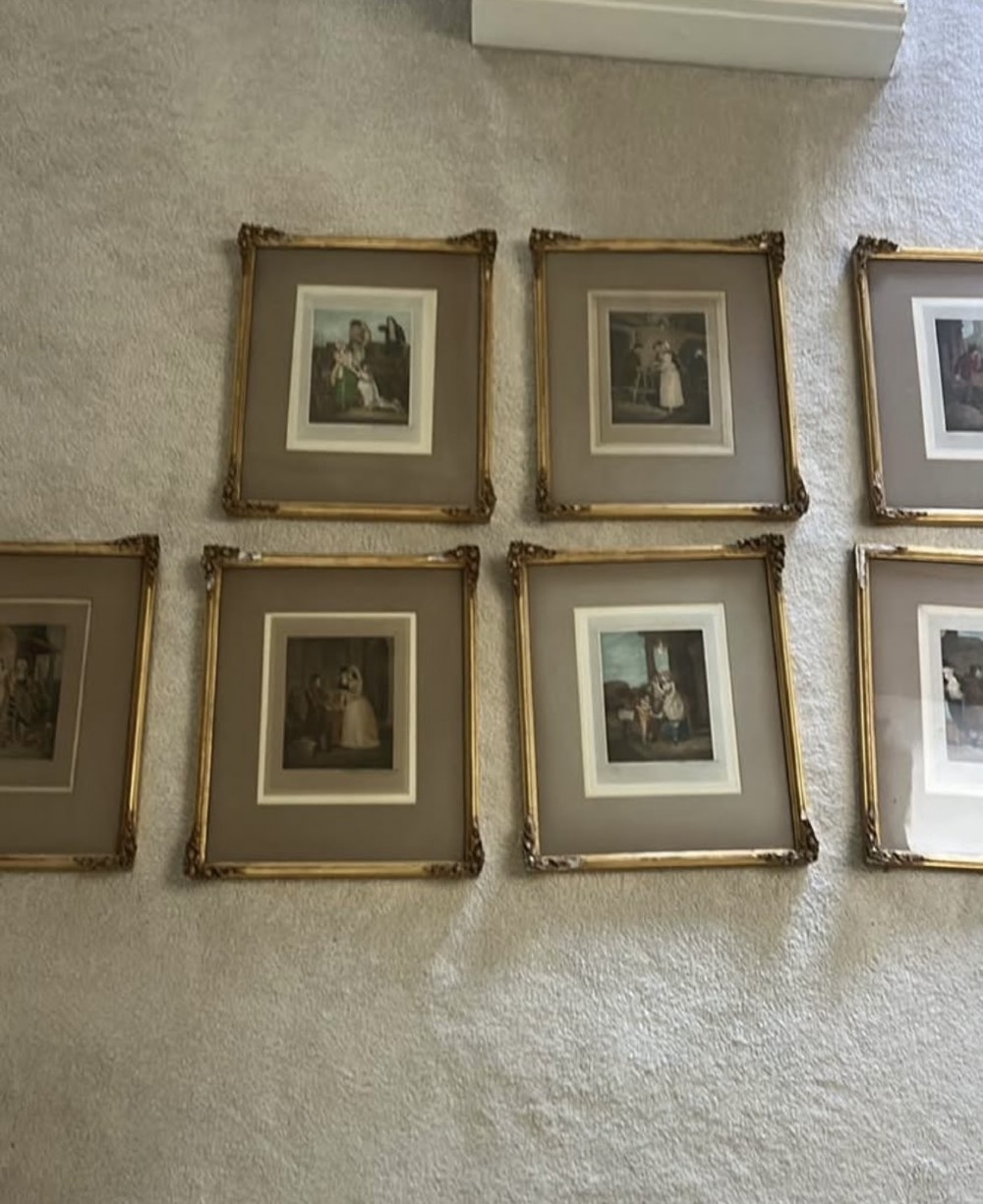 A set of seven framed antique mezzotint prints depicting classical figurative scenes, housed in ornamental gold leaf gilt frames with wide matting.