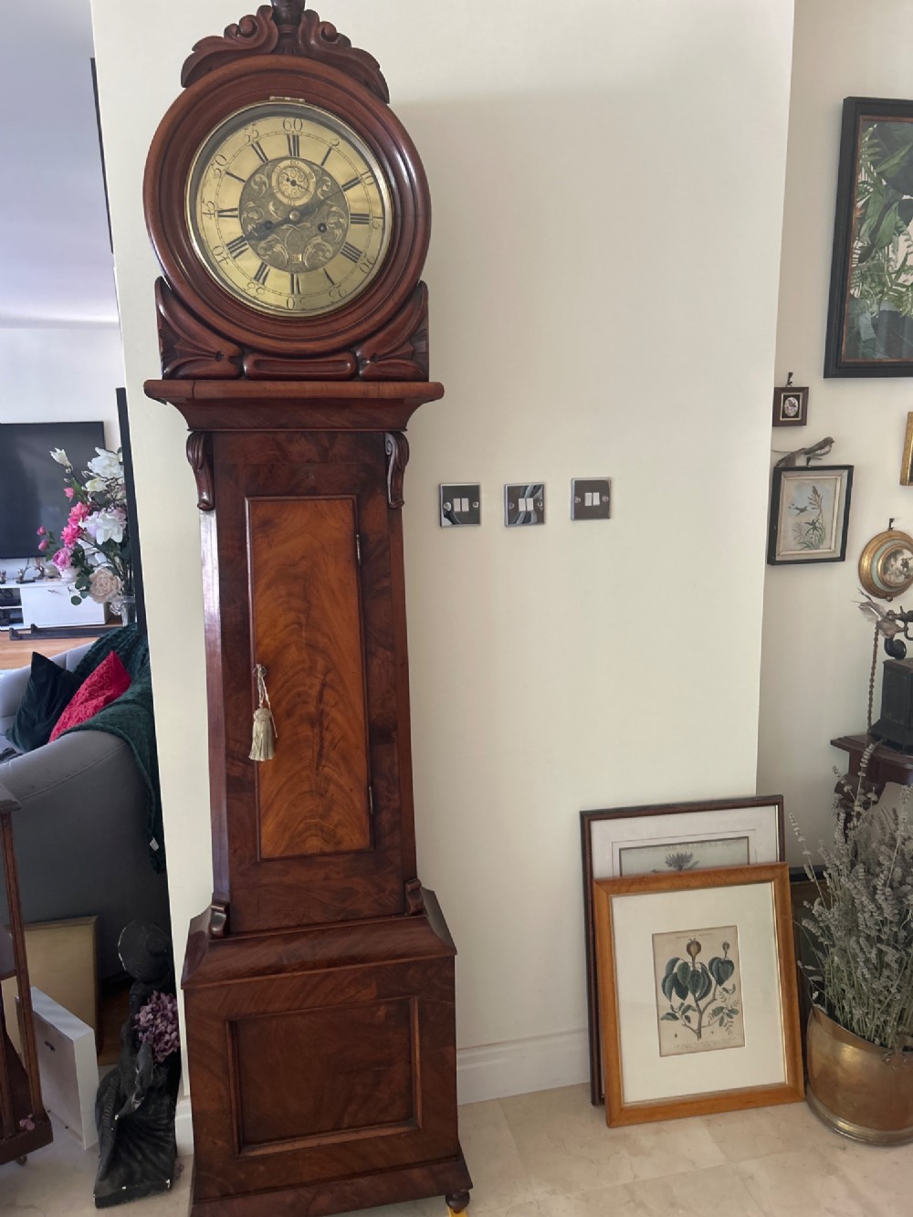 A Scottish Regency drumhead longcase clock crafted from figured mahogany wood with an engraved brass dial.