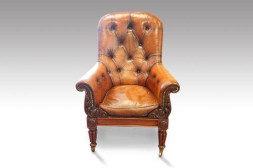 William IV Mahogany Button-back Leather Easy Chair