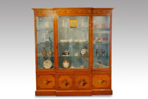 Edwardian Satinwood Breakfront Hand-decorated Display Cabinet