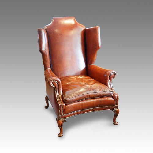 Superb Queen Anne Style Walnut and Leather Wing-chair