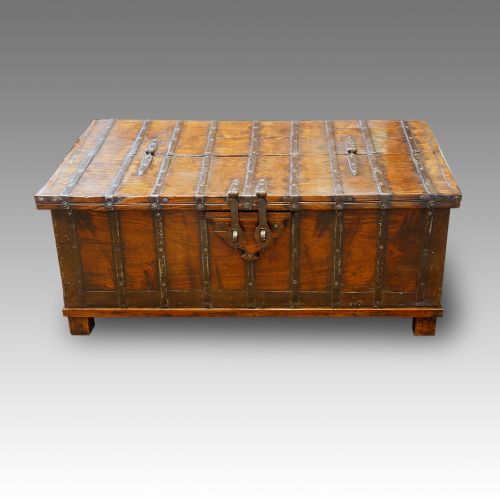 Antique Colonial Hardwood Iron Bound Trunk