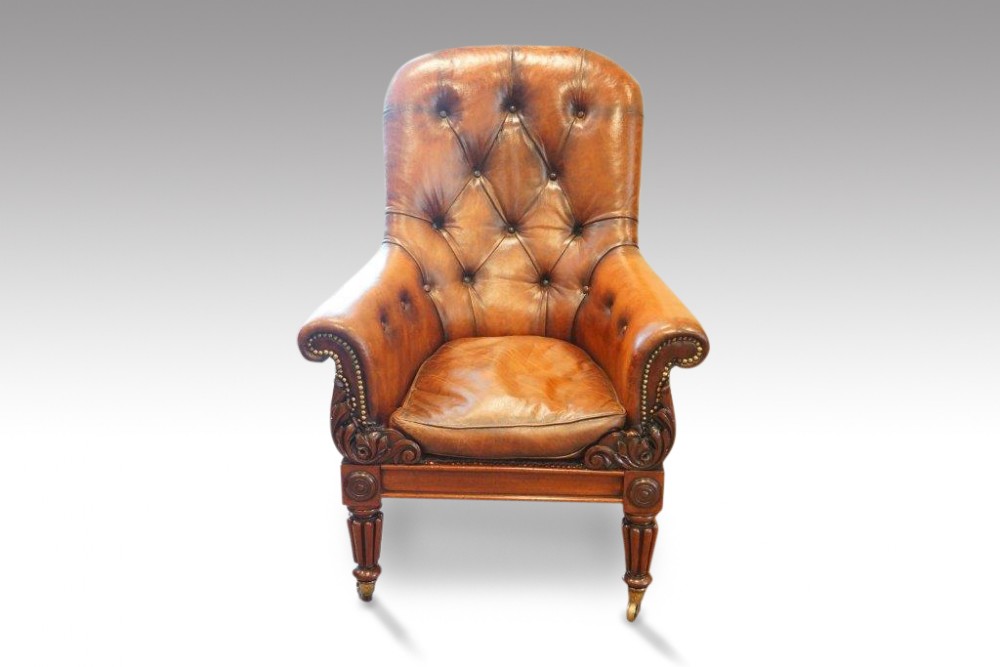William IV mahogany button-back leather easy chair