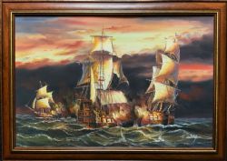 MARINE SEASCAPE GALLEONS IN ROUGH SEAS BY JAMES HARDY BATTLE OF TRAFALGAR ADMIRAL LORD NELSON