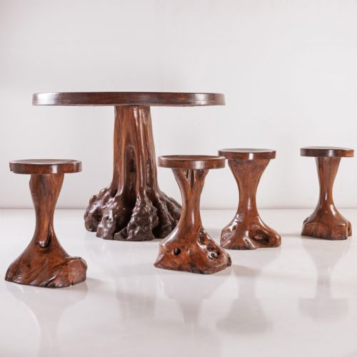A 20TH CENTURY OLIVE WOOD ROOT TABLE STOOL SET - ADDITIONAL PHOTO 2