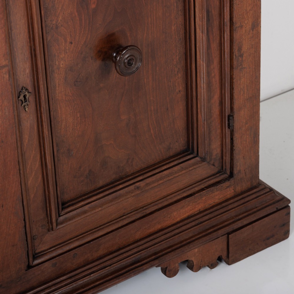 A 19th-century Tuscan walnut cupboard featuring two double-moulded panel doors with turned knobs and a shaped plinth base. View X