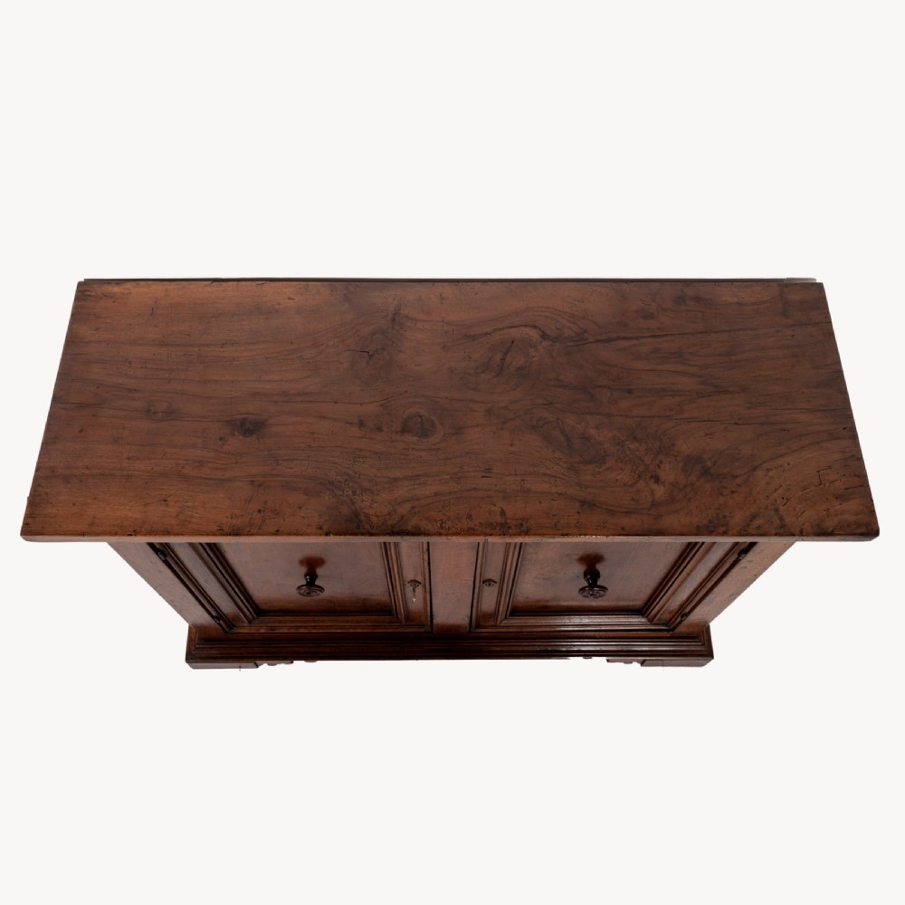 A 19th-century Tuscan walnut cupboard featuring two double-moulded panel doors with turned knobs and a shaped plinth base. View XI