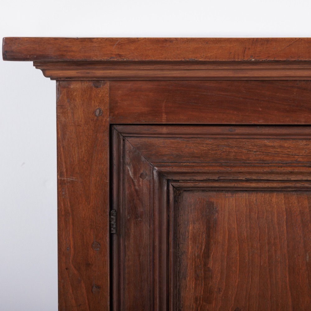 A 19th-century Tuscan walnut cupboard featuring two double-moulded panel doors with turned knobs and a shaped plinth base. View XV
