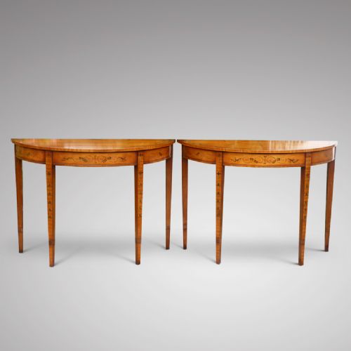 A Fine Pair of Decorative Edwardian Satinwood Demi Lune Tables