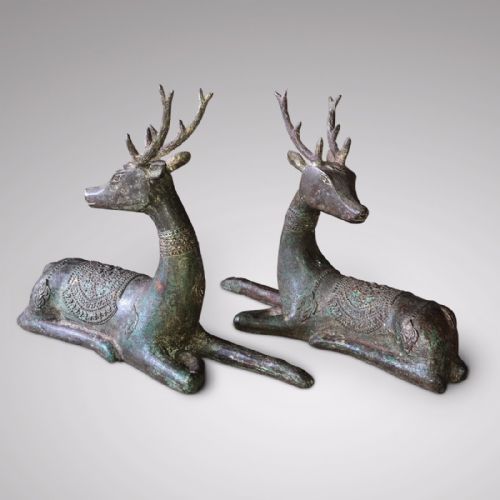 Pair of Chinese Dynasty Bronze Deer