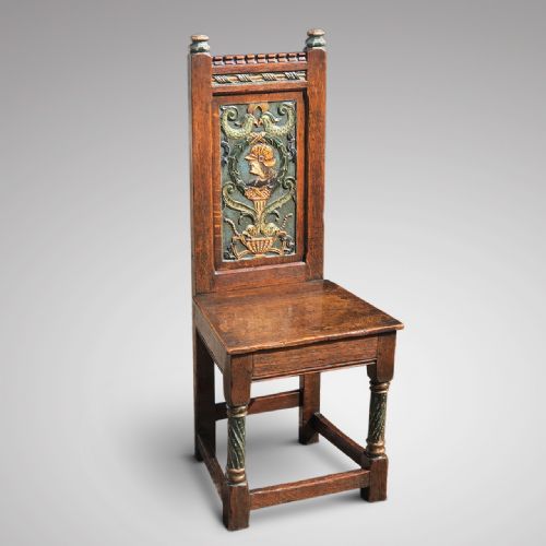 18th Century  Oak  Carved & Painted Side Chair