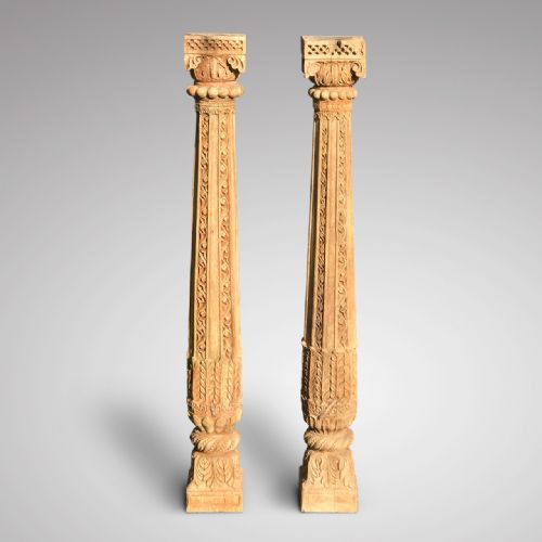 Matched Pair of Tall Asian Carved Wooden Columns