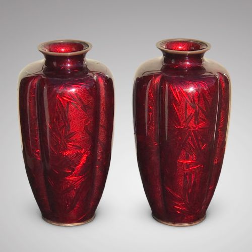 Large Pair of Antique Japanese Red Enamel Vases