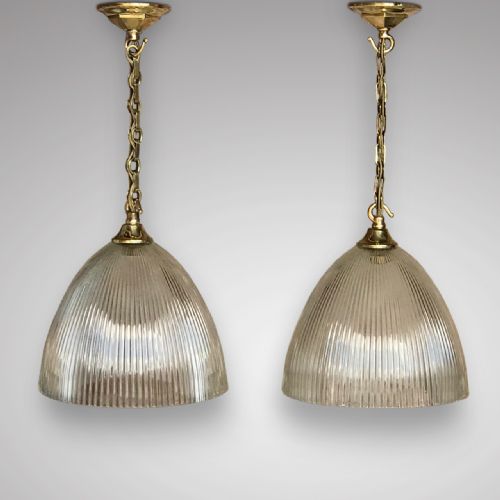 Pair of Art Deco Ribbed Glass Pendant Lights