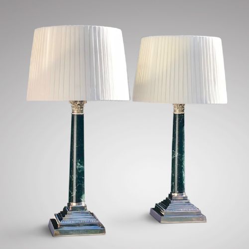 Pair of Early 20th Century Green Marble Table Lamps in the Corinthian Style
