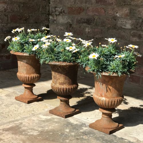 Trio of 19th Century Cast Iron Garden Urns