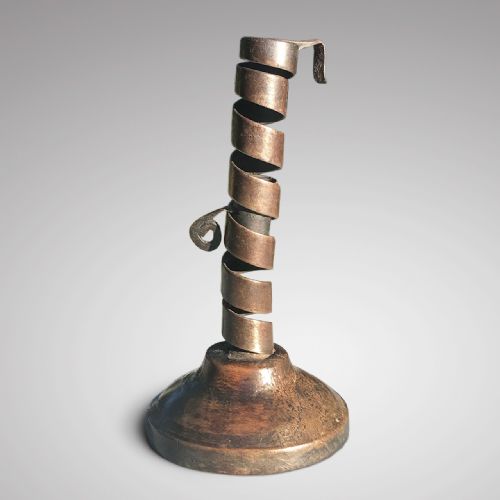 Early 18th Century Iron Candle Stick on Wooden Base