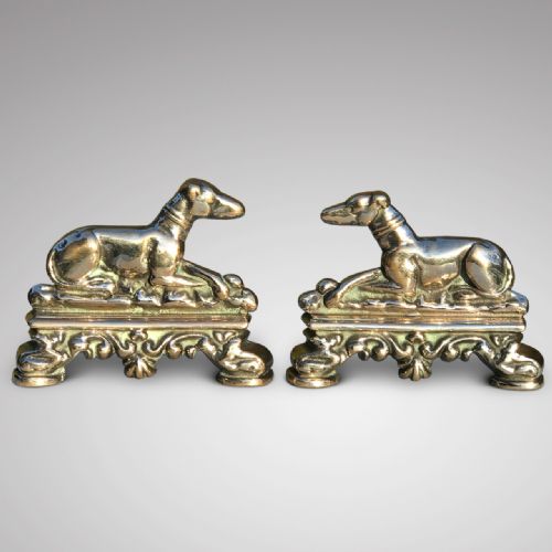 Pair of 19th Century Polished Bronze Greyhound Hearth Ornaments.