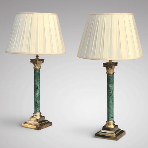 fig 1. Pair of Early 20th Century Green Marble and Brass Table Lamps