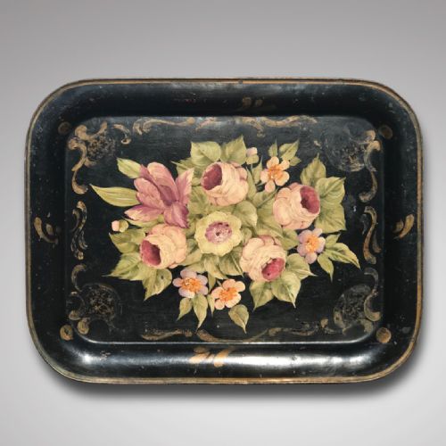19th Century Rose Painted Toleware Tray
