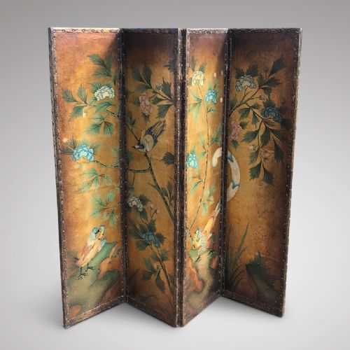 Exquisite 19th Century Painted Leather Four Fold Screen