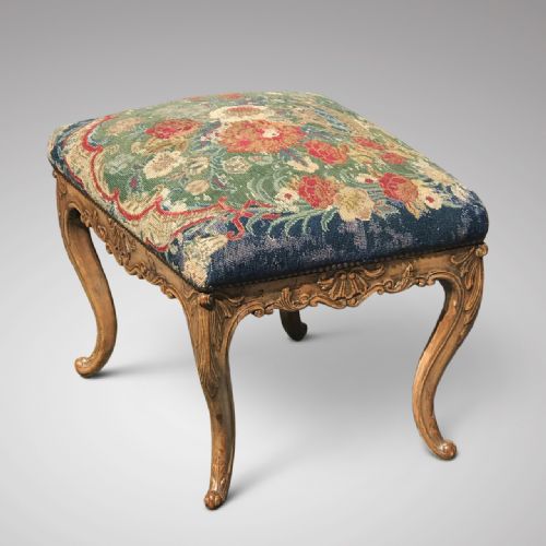 Carved Walnut Stool with Original Needlework Upholstery