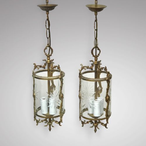 Pair of Antique Gilt Metal & Glass Lanterns