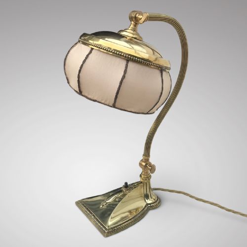 Brass Art Nouveau Desk Lamp with Original Silk Shade