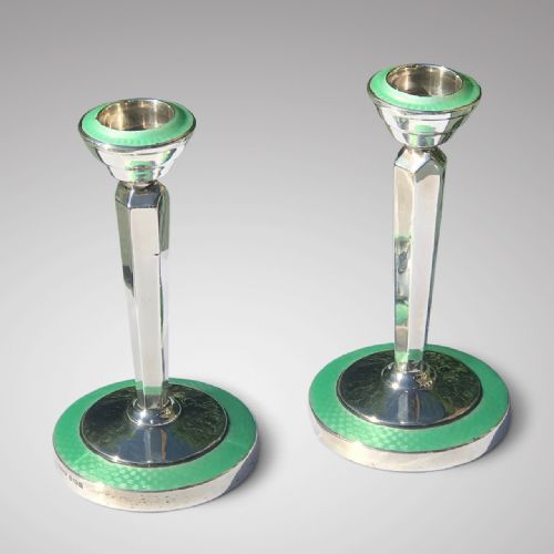 Pair of Sterling Silver & Guilloche Enamel Candlesticks
