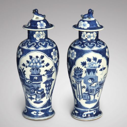 Pair of 19th Century Blue & White Chinese Vases with Covers