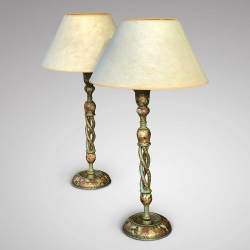 A Stunning Pair of Wooden & Papier Mache Kashmiri Table Lamps