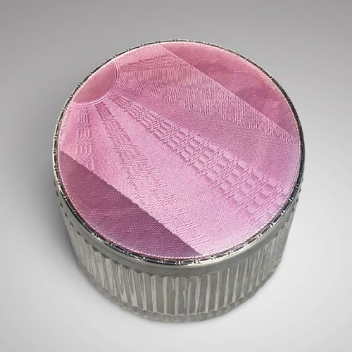 ART DECO GLASS JAR WITH SILVER GUILLOCHE ENAMEL TOP