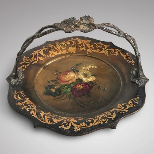 19th Century Papier Mache Basket with Folding Handle.