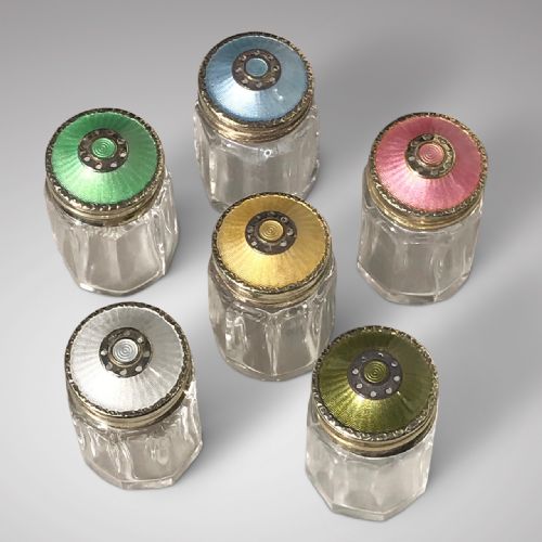 Set of 6 Guilloche Enamel & Silver Gilt Pepperettes