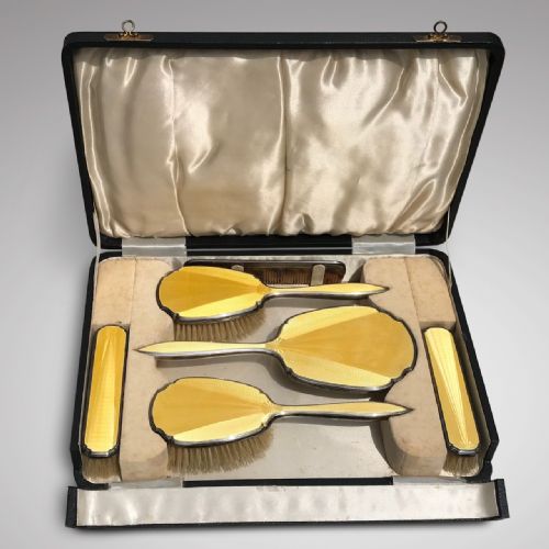 Art Deco Silver & Guilloche Enamel Dressing Table Set
