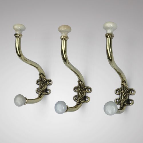 3 Victorian Brass & Porcelain Hat & Coat Hooks