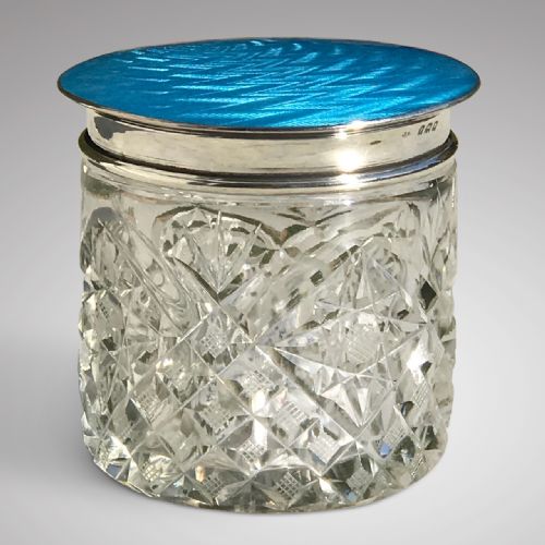 Art Deco Cut Glass Jar with Silver & Enamel Lid