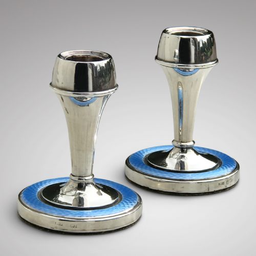 Pair of Art Deco Silver & Blue Enamel Candlesticks