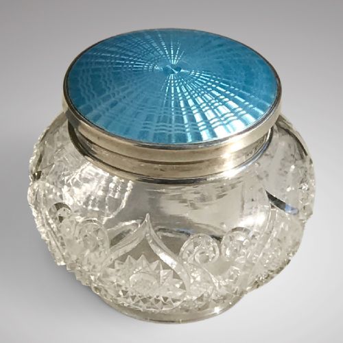 Cut Glass Jar with Silver & Guilloche Enamel Top