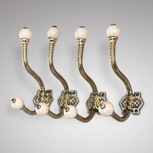 Set of 4 Victorian Brass and Porcelain Hat and Coat Hooks
