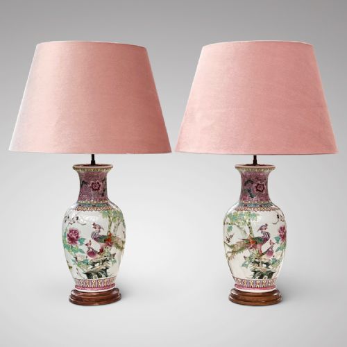 Pair of Chinese Ceramic Famille Rose Table Lamps