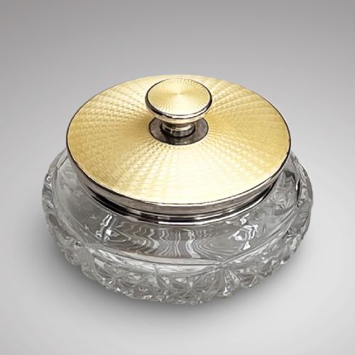 Art Deco Cut Glass, Silver & Enamel Powder Bowl