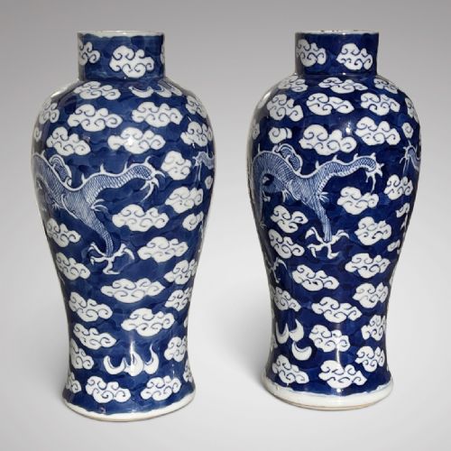 Pair of Chinese Blue & White Chinese Dragon Vases