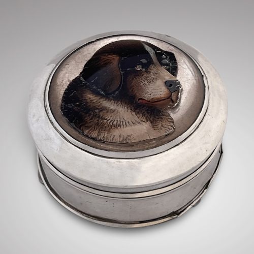 Antique Silver Jewel Box with Enamel Dog Lid