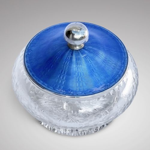 ART DECO CUT GLASS BOWL WITH SILVER AND BLUE ENAMEL TOP - ADDITIONAL PHOTO 3